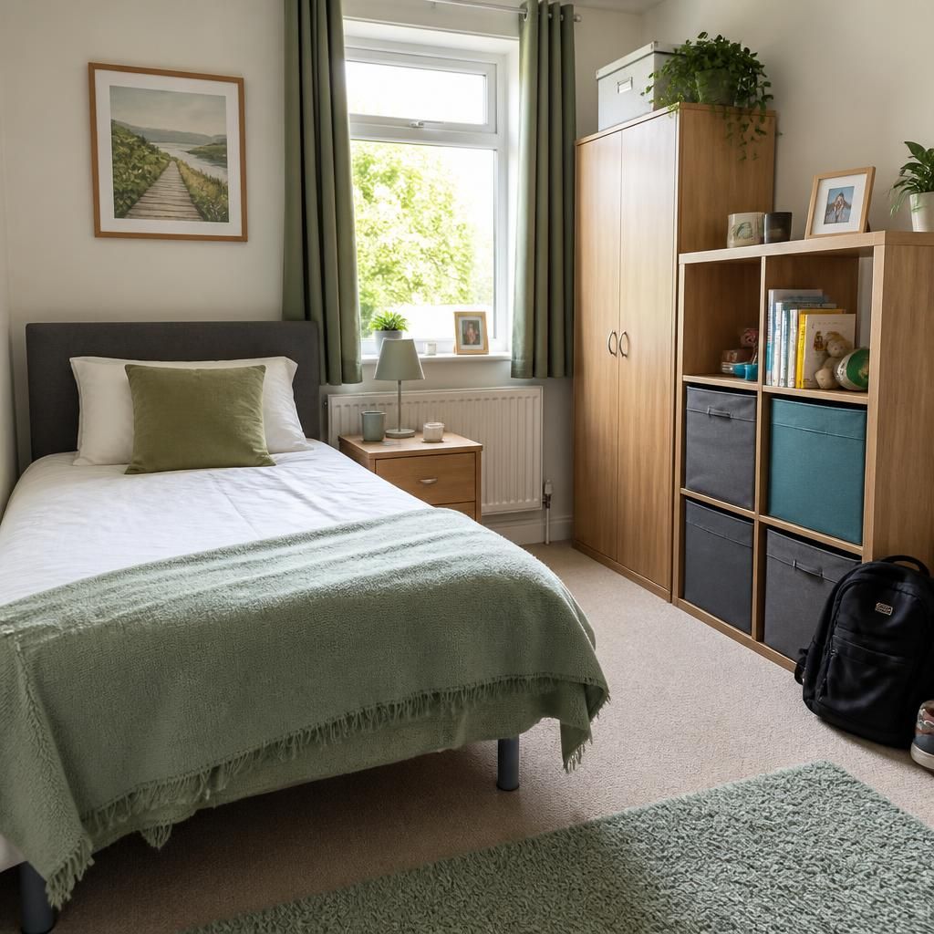 A tidy bedroom with a single bed, storage and personal belongings