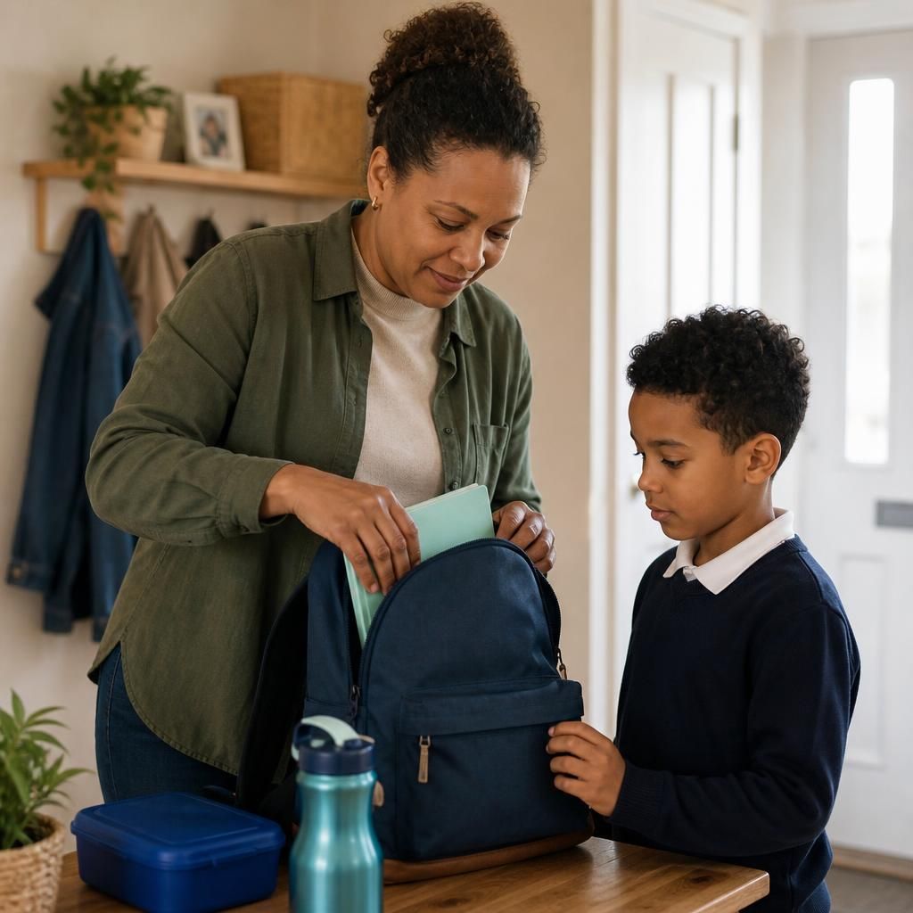 Kinship carer organising a child's school belongings at home