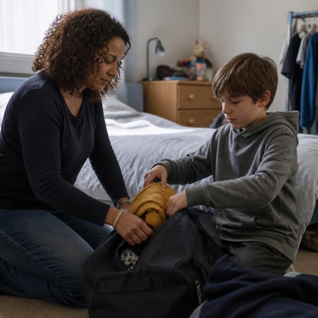 Foster carer helping a child pack personal belongings into a bag