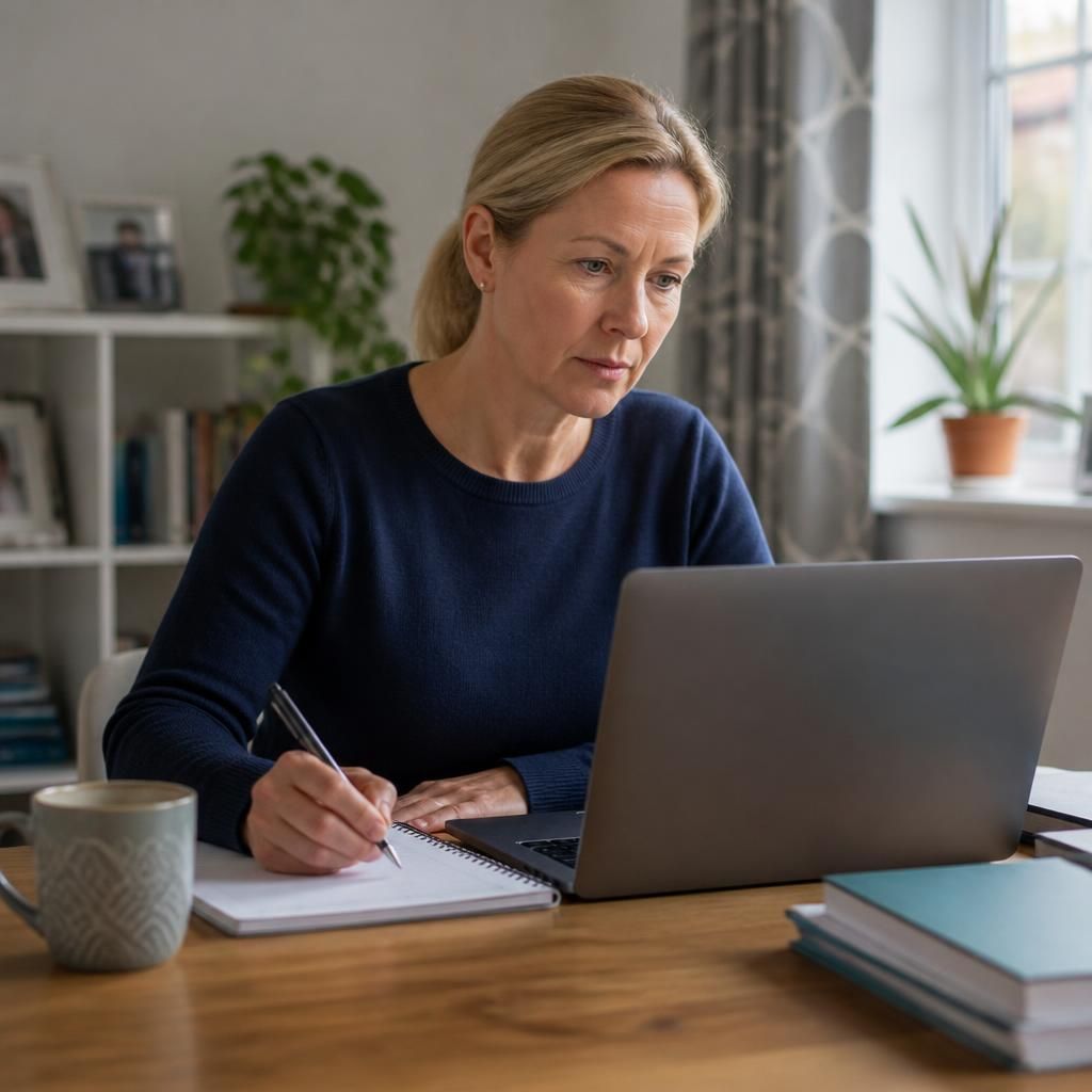Foster carer completing training with a laptop and notebook