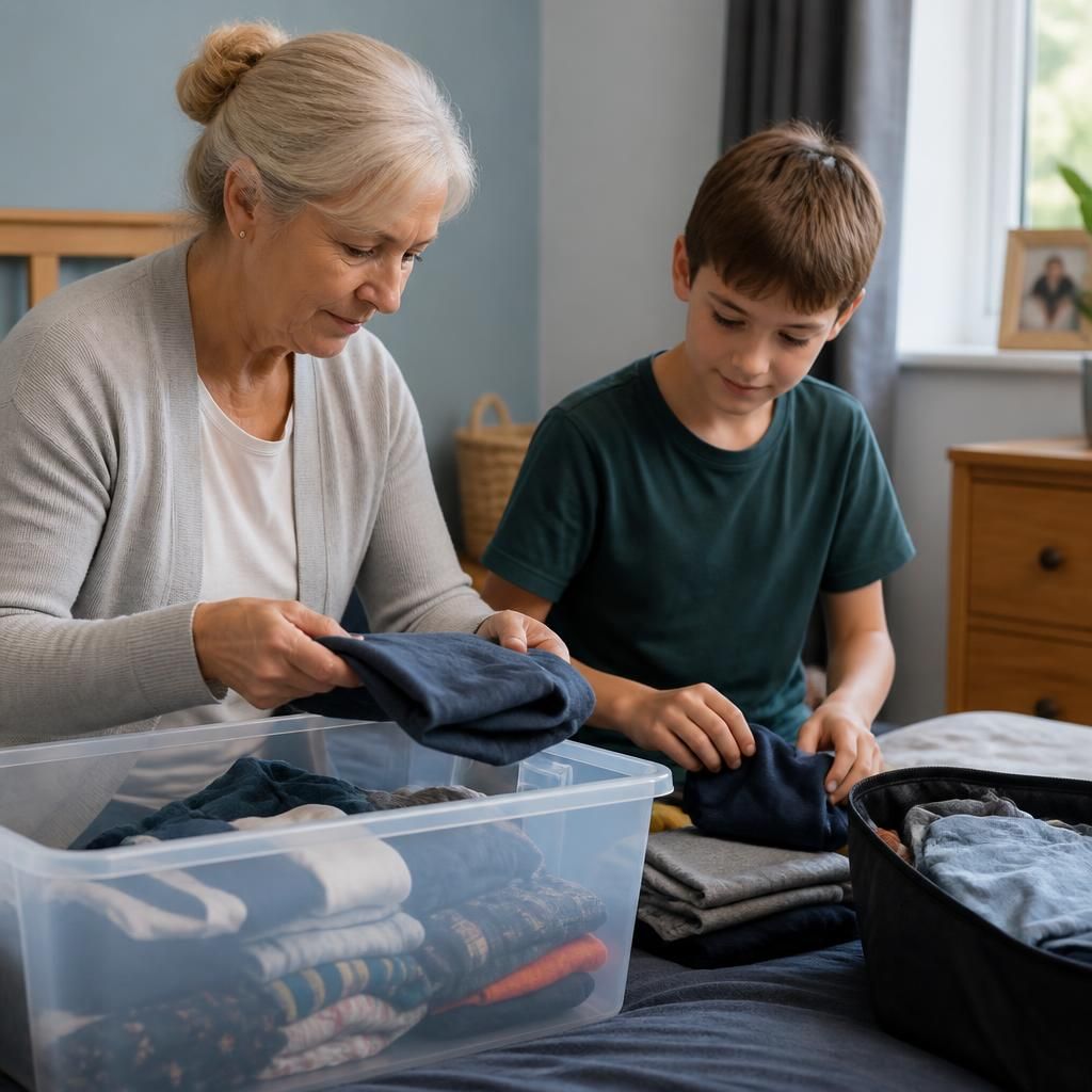 Kinship foster carer helping a child organise clothes and personal belongings