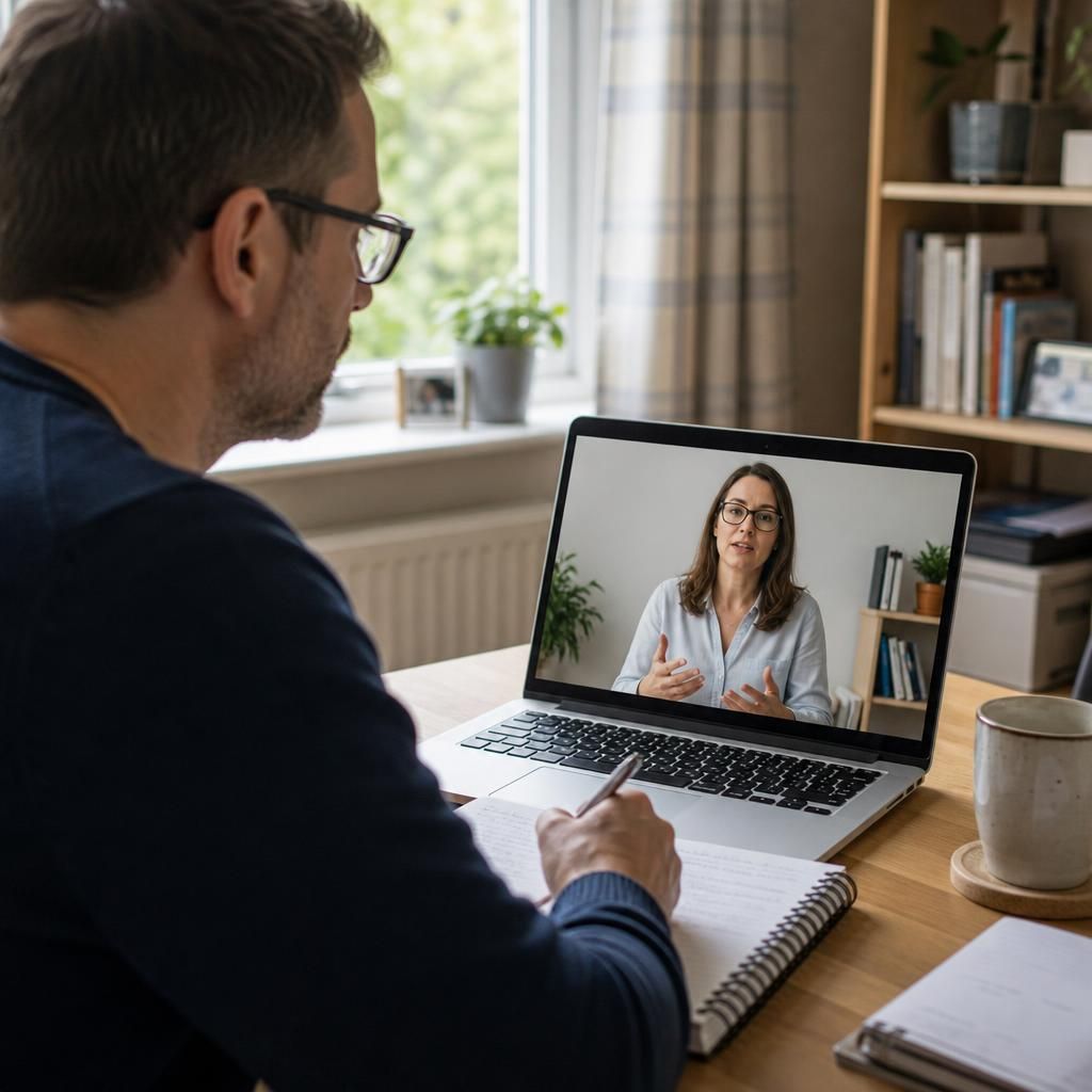 Adults taking part in an online fostering training session from a home workspace