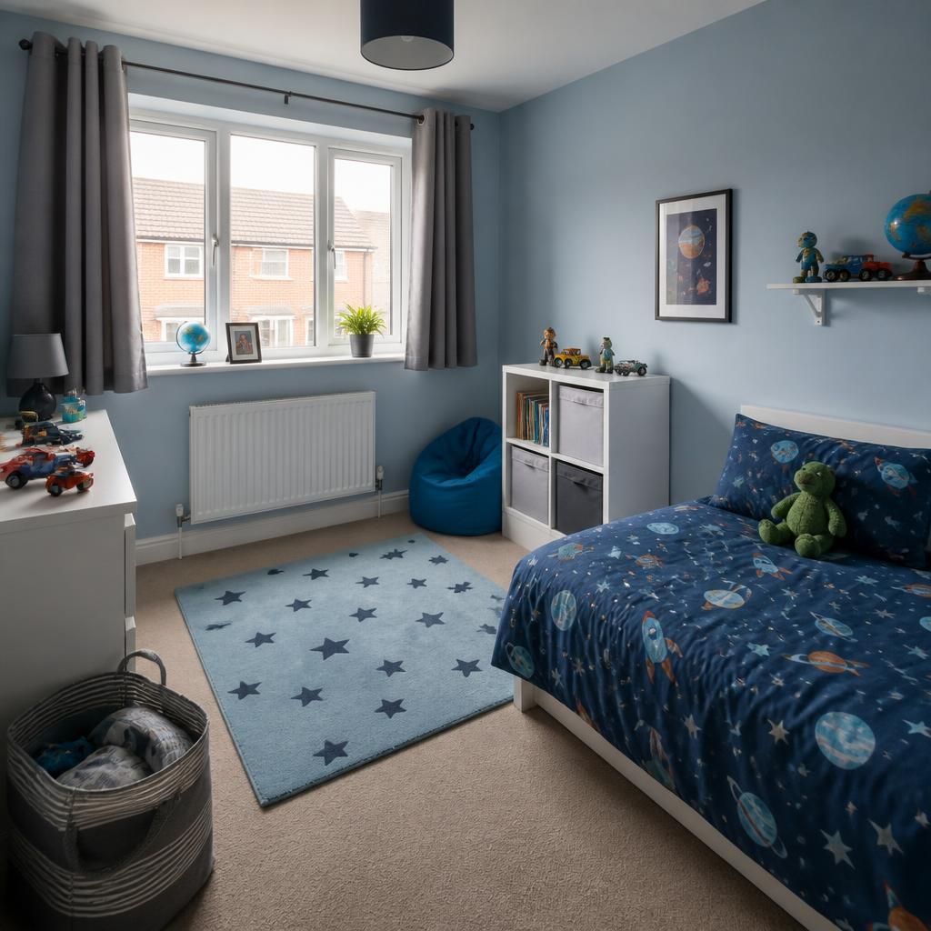 Neatly furnished child’s bedroom with a bed, storage and clear floor space