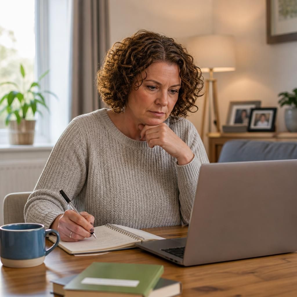Prospective foster carer reviewing online training notes on a laptop