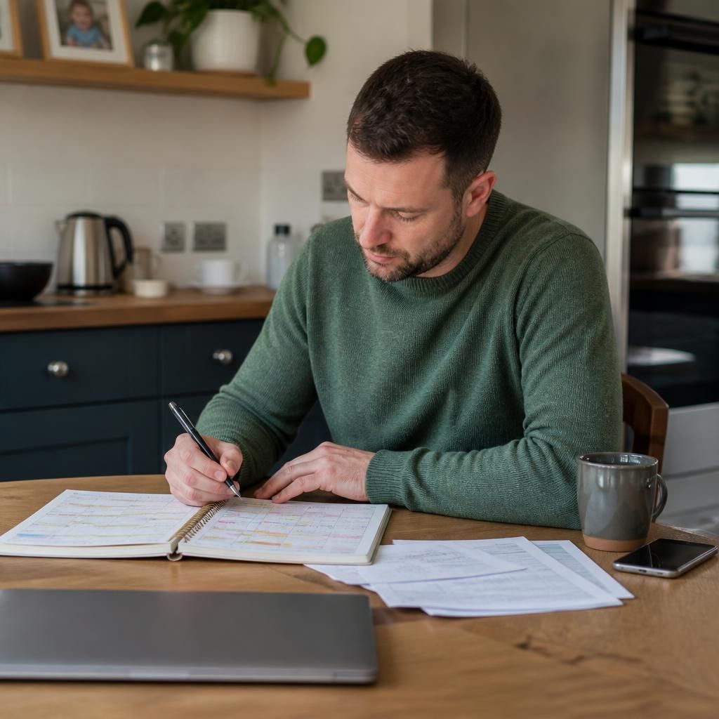 Prospective foster carer reviewing a work diary and placement schedule at a kitchen table