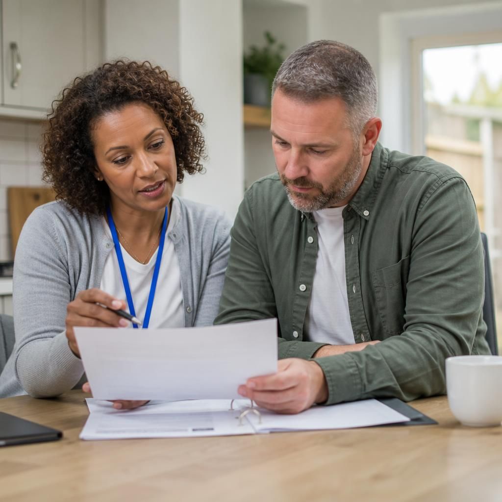Foster carer and social worker reviewing a child’s placement information at a table