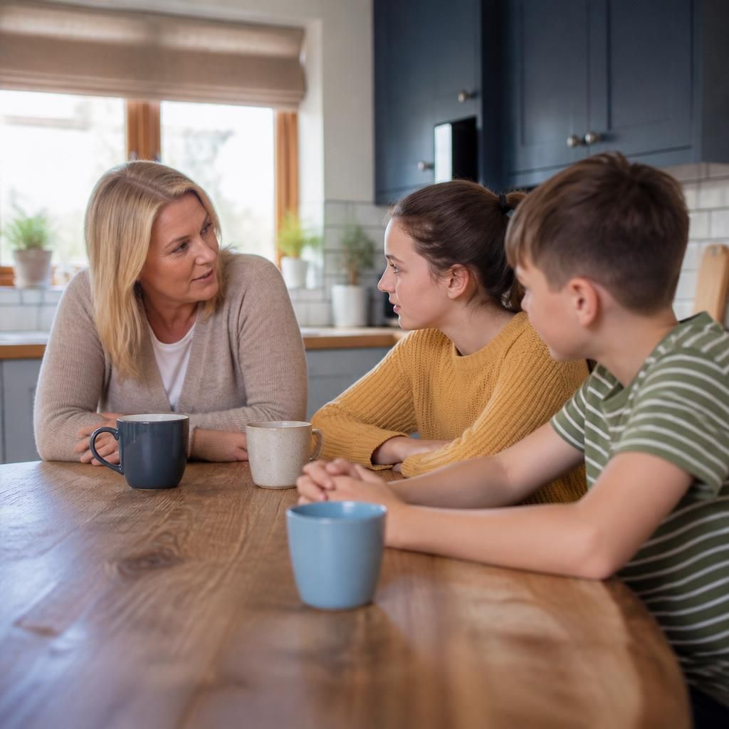 Foster carer talking with two siblings at a kitchen table
