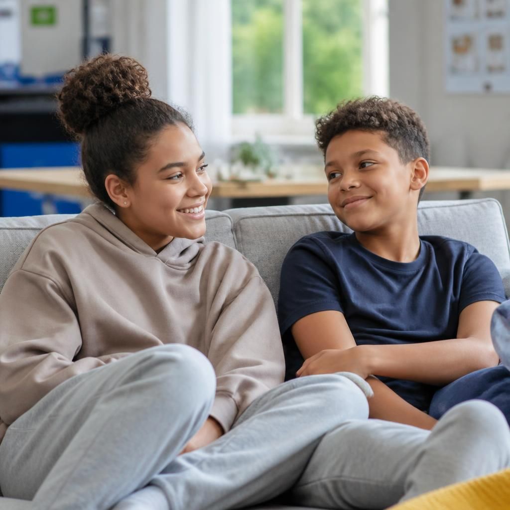 Two siblings sitting together in a group home lounge