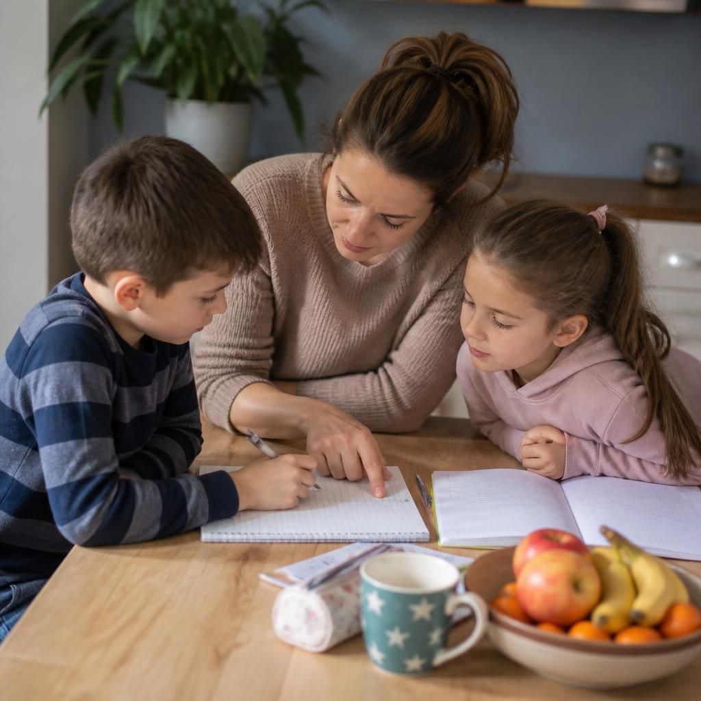Single parent helping two siblings settle into a shared household routine