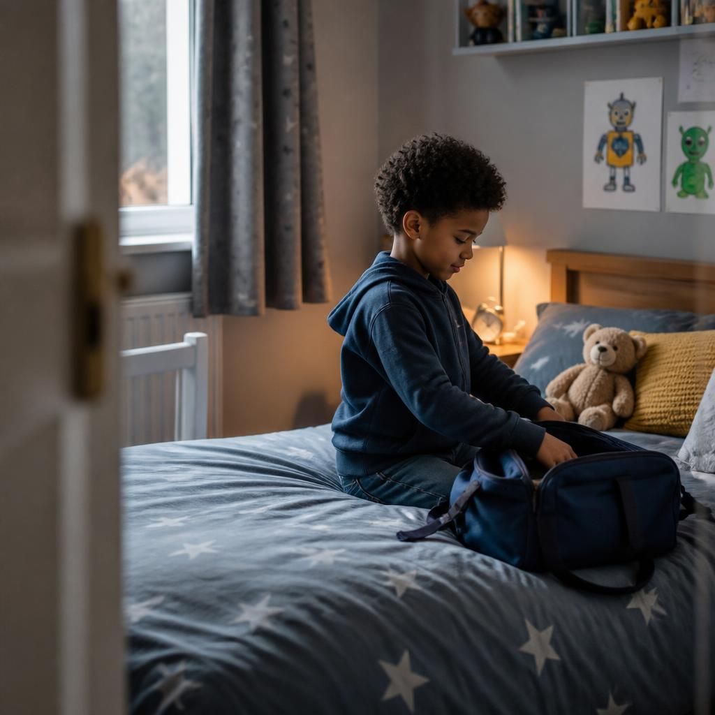 Child settling into a bedroom prepared for a planned overnight foster stay