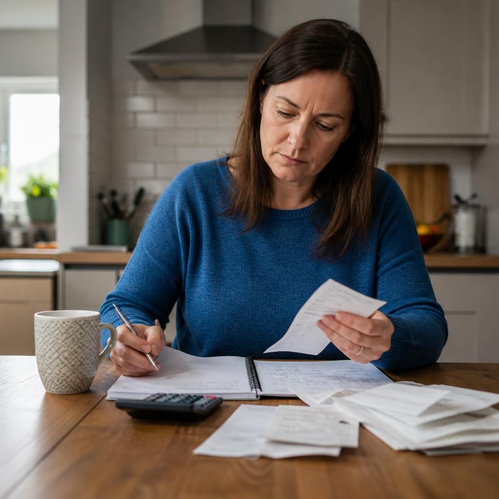 Foster carer reviewing receipts and a written expense agreement at a kitchen table