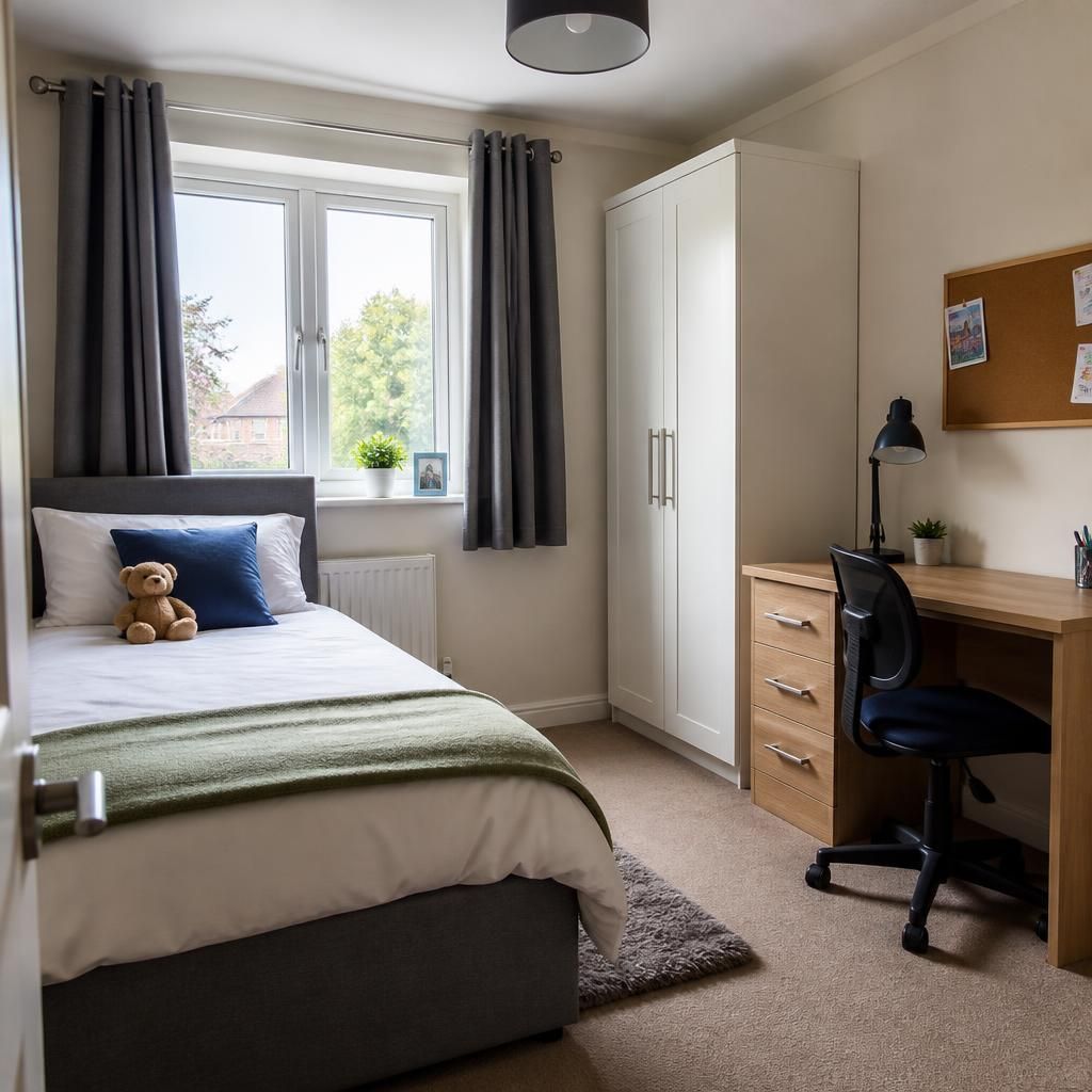 A tidy bedroom with a single bed, wardrobe and desk