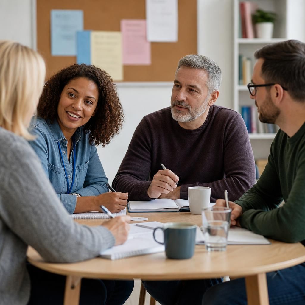 Foster carer training group discussing notes around a table