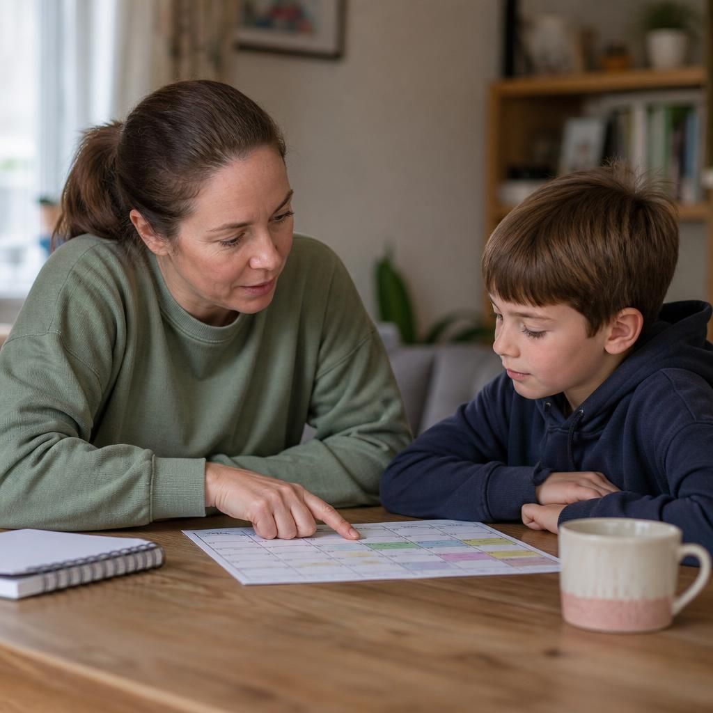 Foster carer and child discussing a contact schedule at home