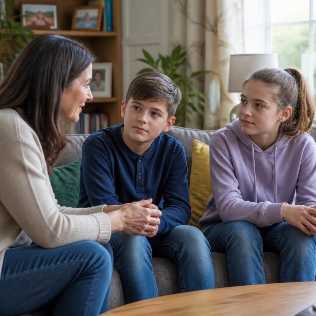 Foster carer talking with two siblings at home