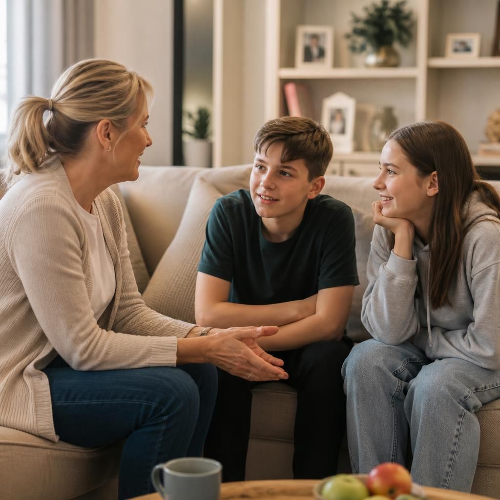 Foster carer talking with two siblings in a welcoming home
