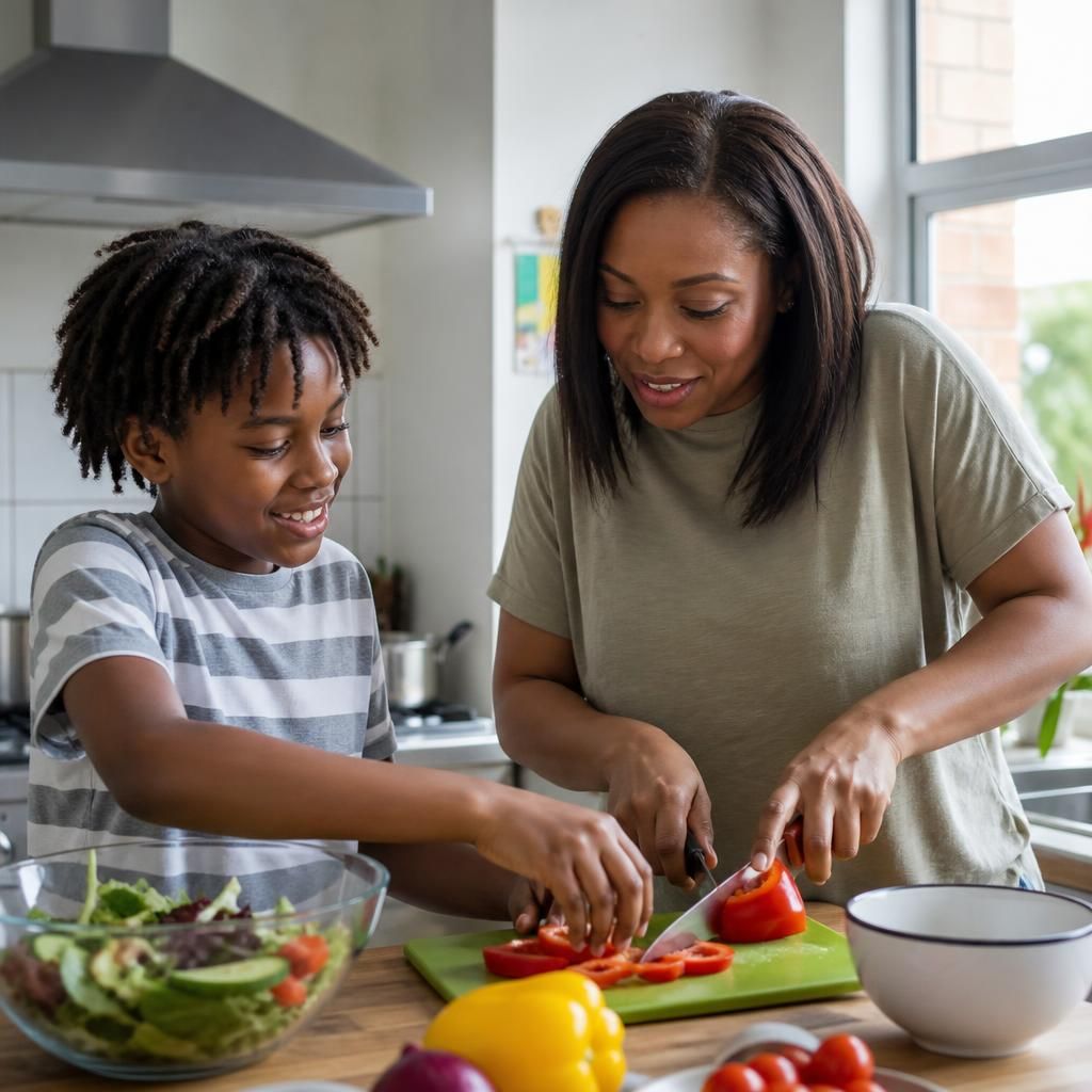 Foster carer and child preparing a meal together at home