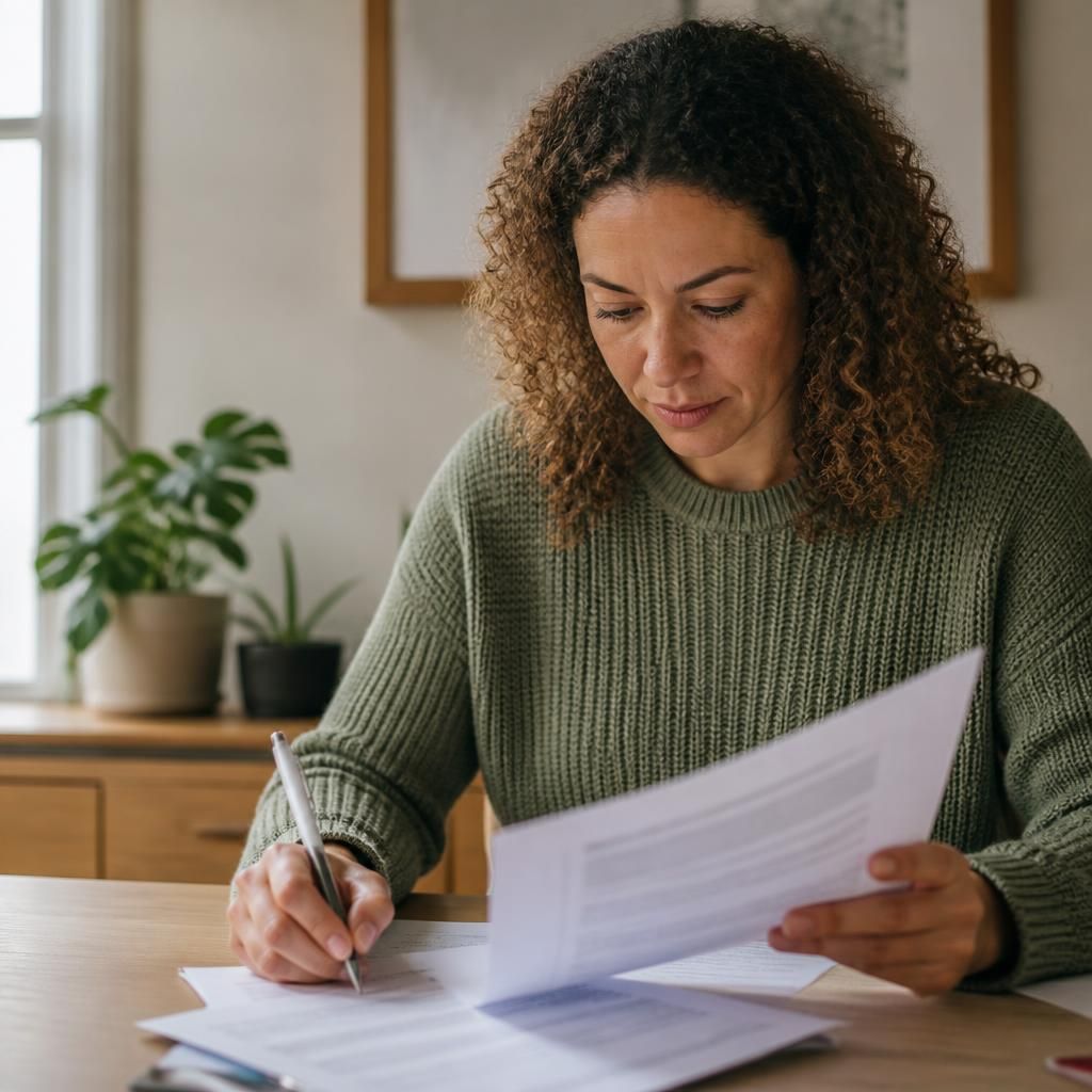 Prospective foster carer completing assessment paperwork at a table