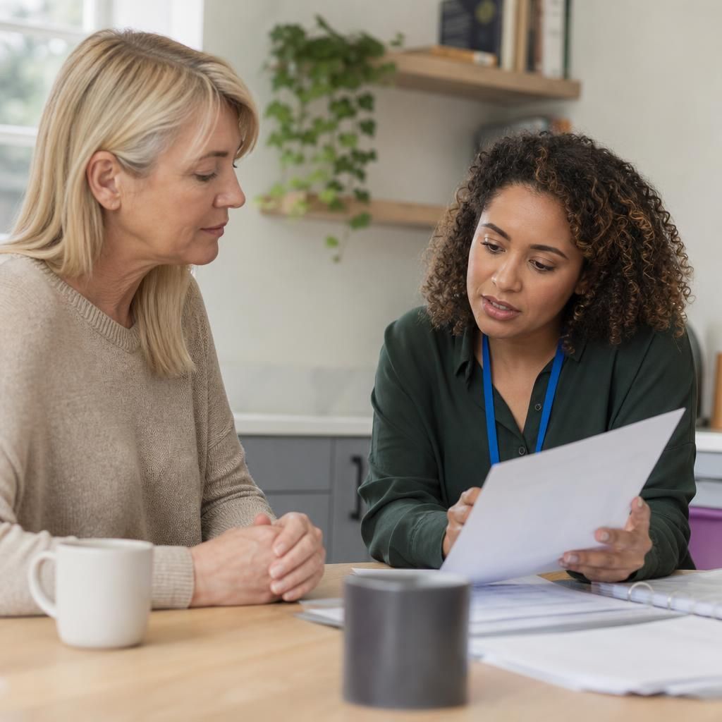 Foster carer reviewing payment information with a social care adviser