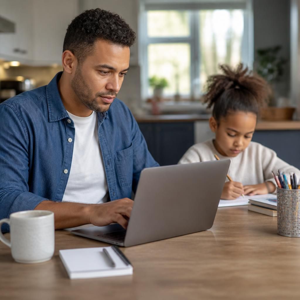 Foster carer working at a laptop while a child studies nearby