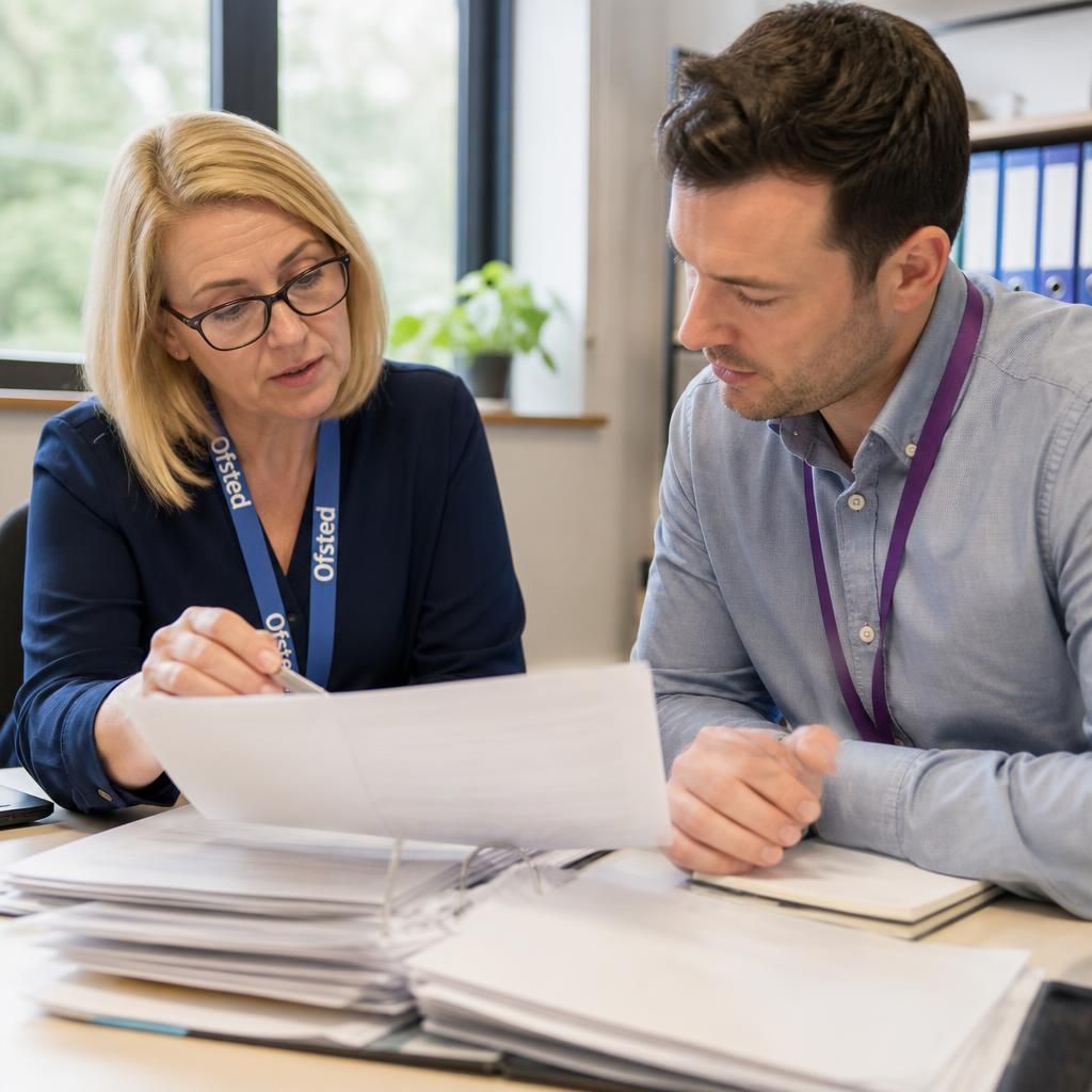 Ofsted inspector reviewing fostering service records with an agency manager