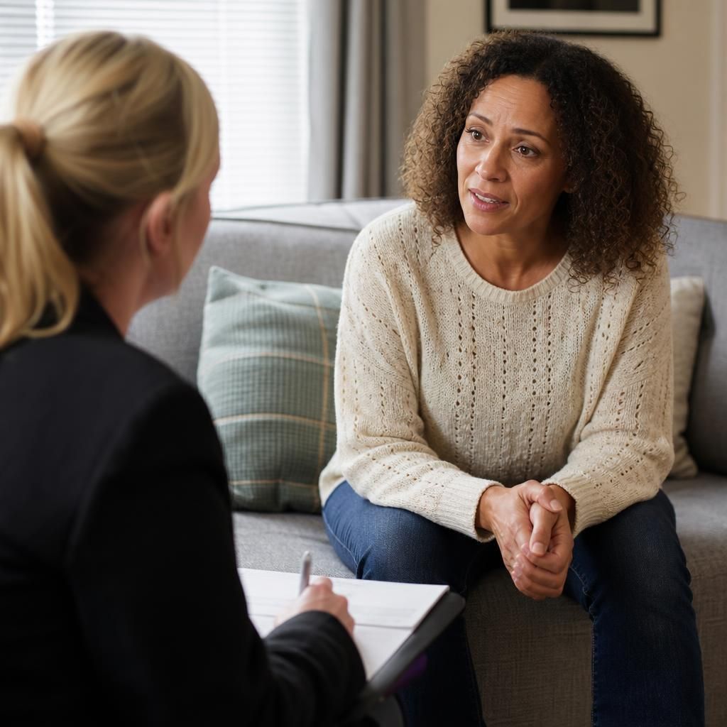 Foster carer speaking with a social worker during a home visit