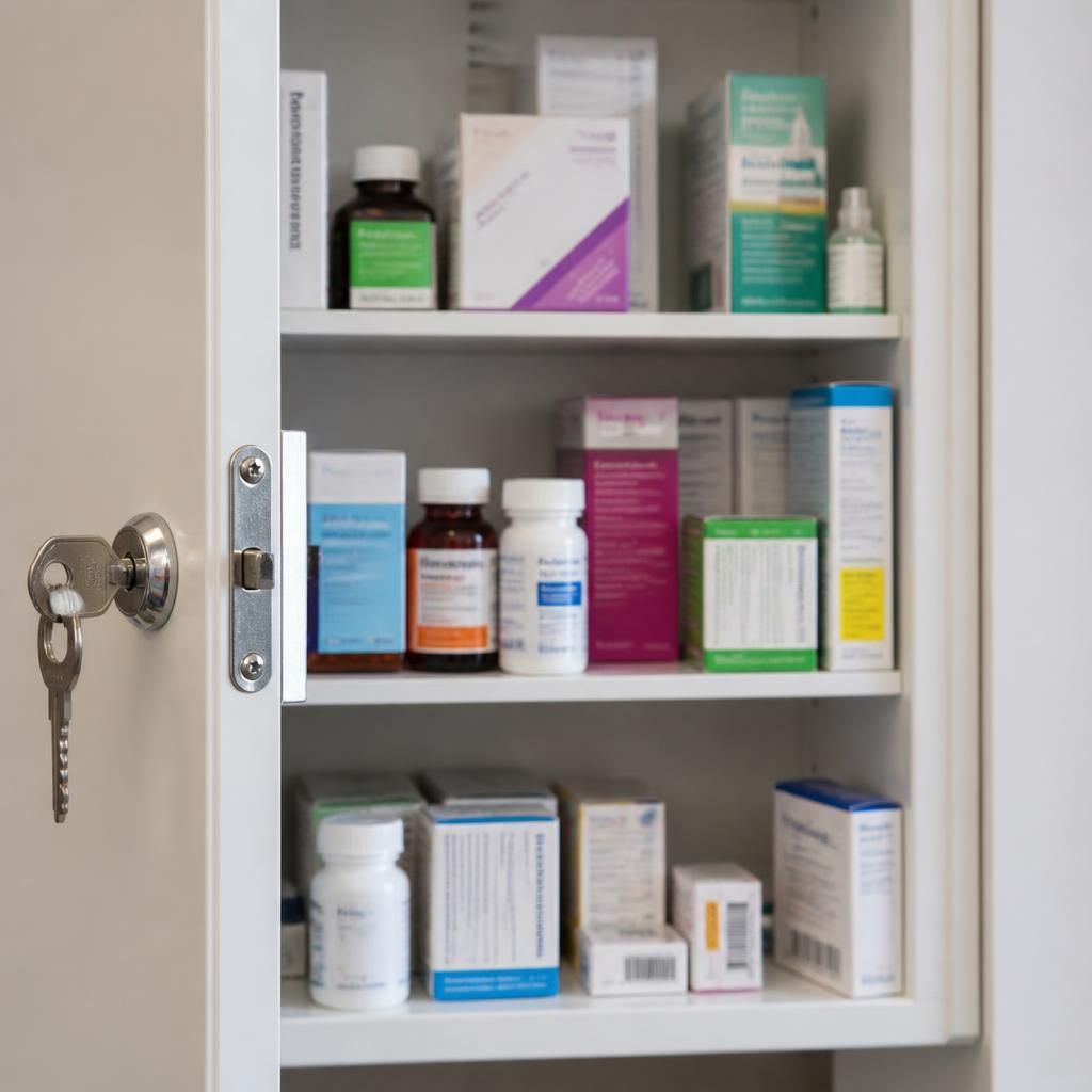 Locked medicine cabinet containing labelled medicines in their original packaging