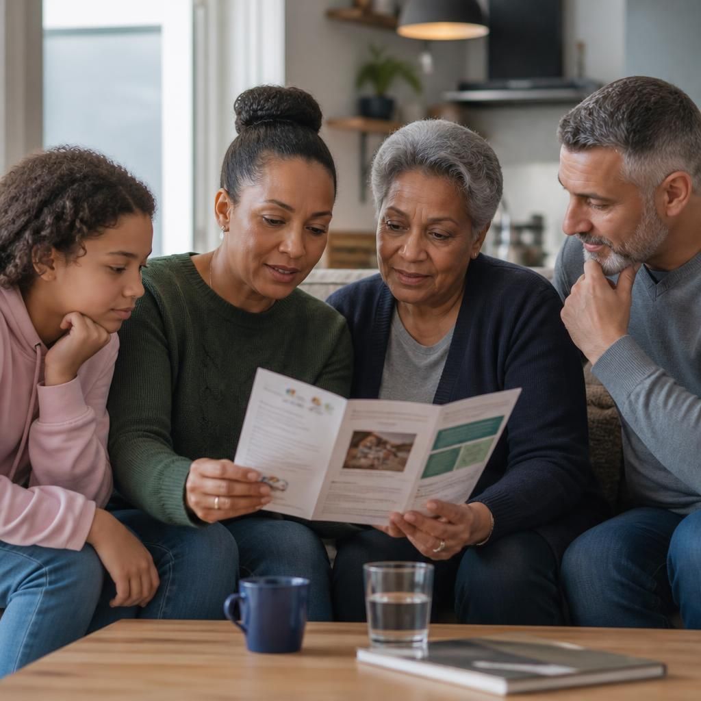 Family members reviewing a kinship care information leaflet together