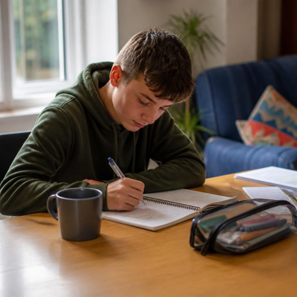 Young person writing in a notebook at a table in a residential care home
