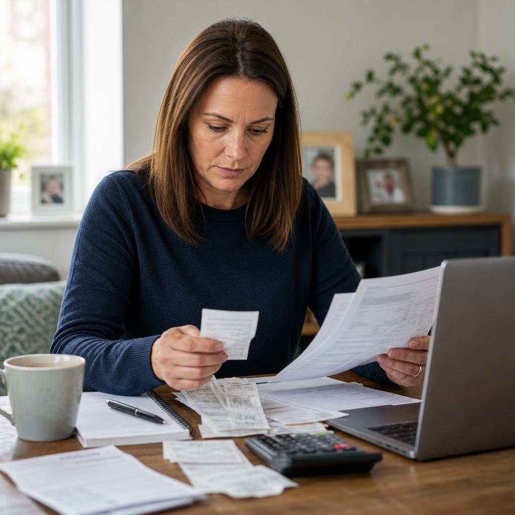Foster carer reviewing receipts and payment records at a desk