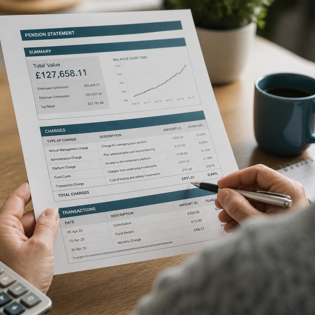 Pension statement showing annual fees, fund costs and transaction charges