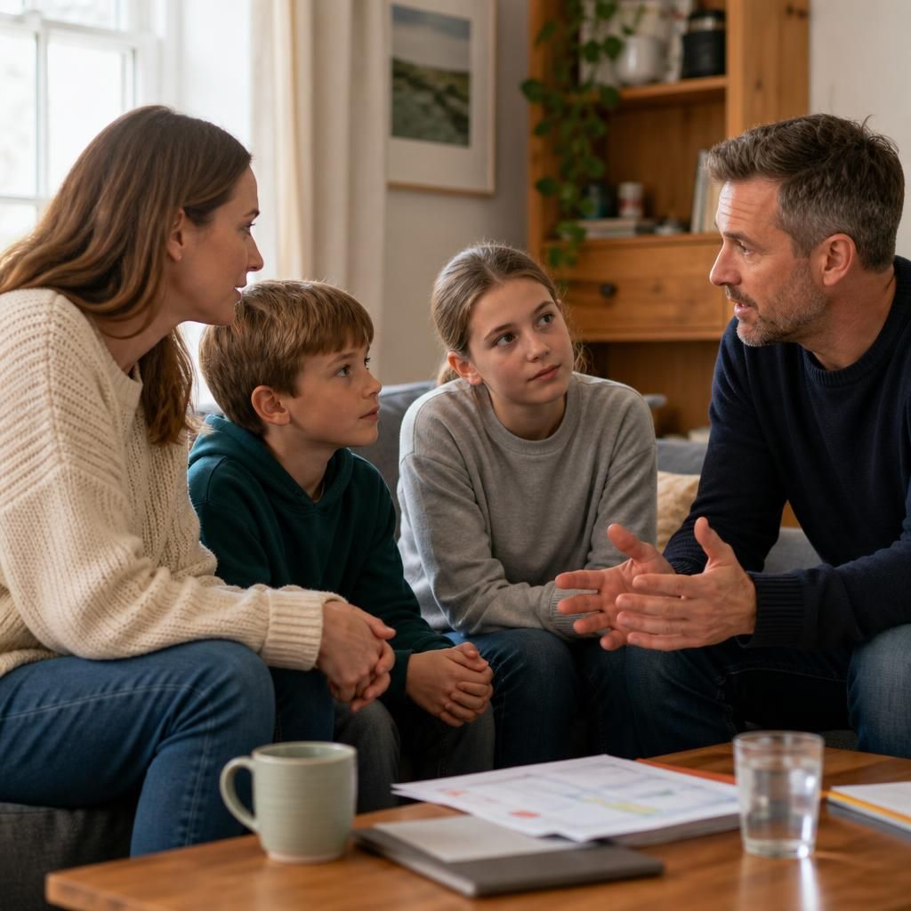 Parents and children discussing fostering together at home