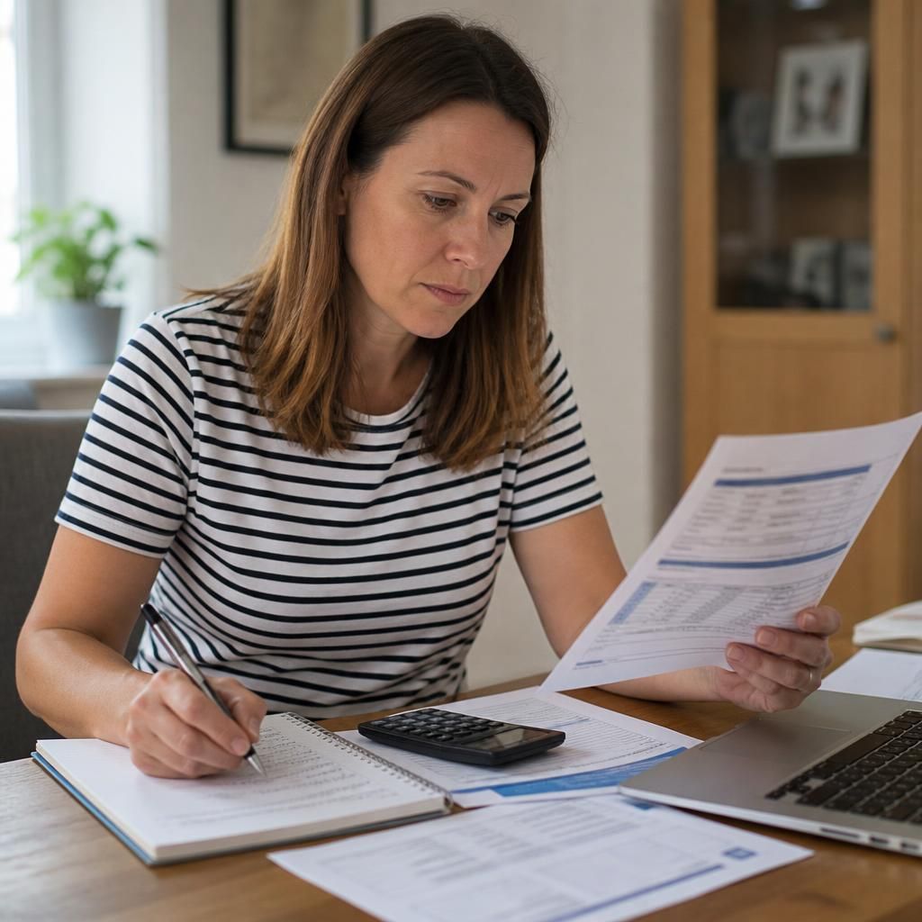 Foster carer reviewing household finances and fostering payment information at a table