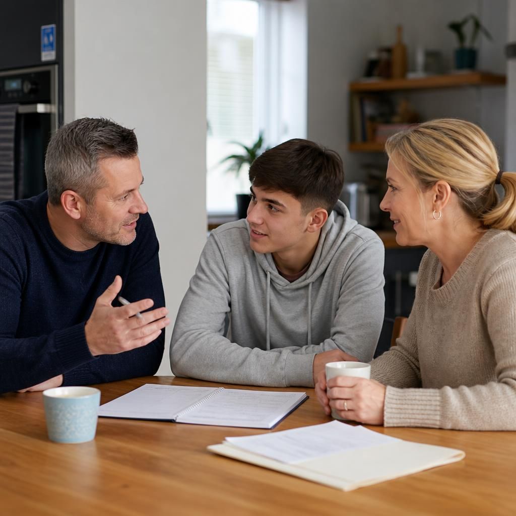 Foster family discussing plans together around a table
