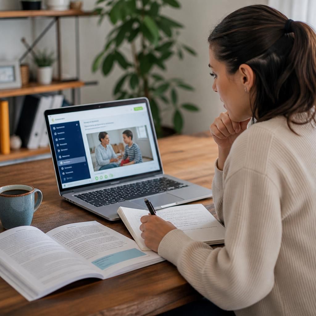 Learner completing an online fostering course on a laptop beside training notes