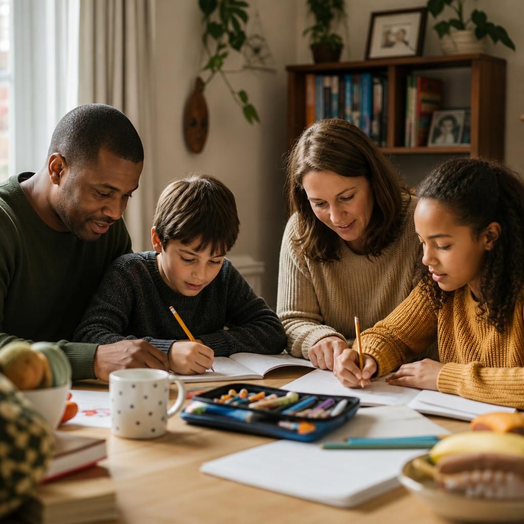 Family completing an activity together at home