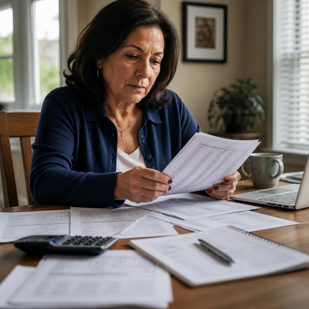 Kinship carer reviewing payment records and tax documents at a desk