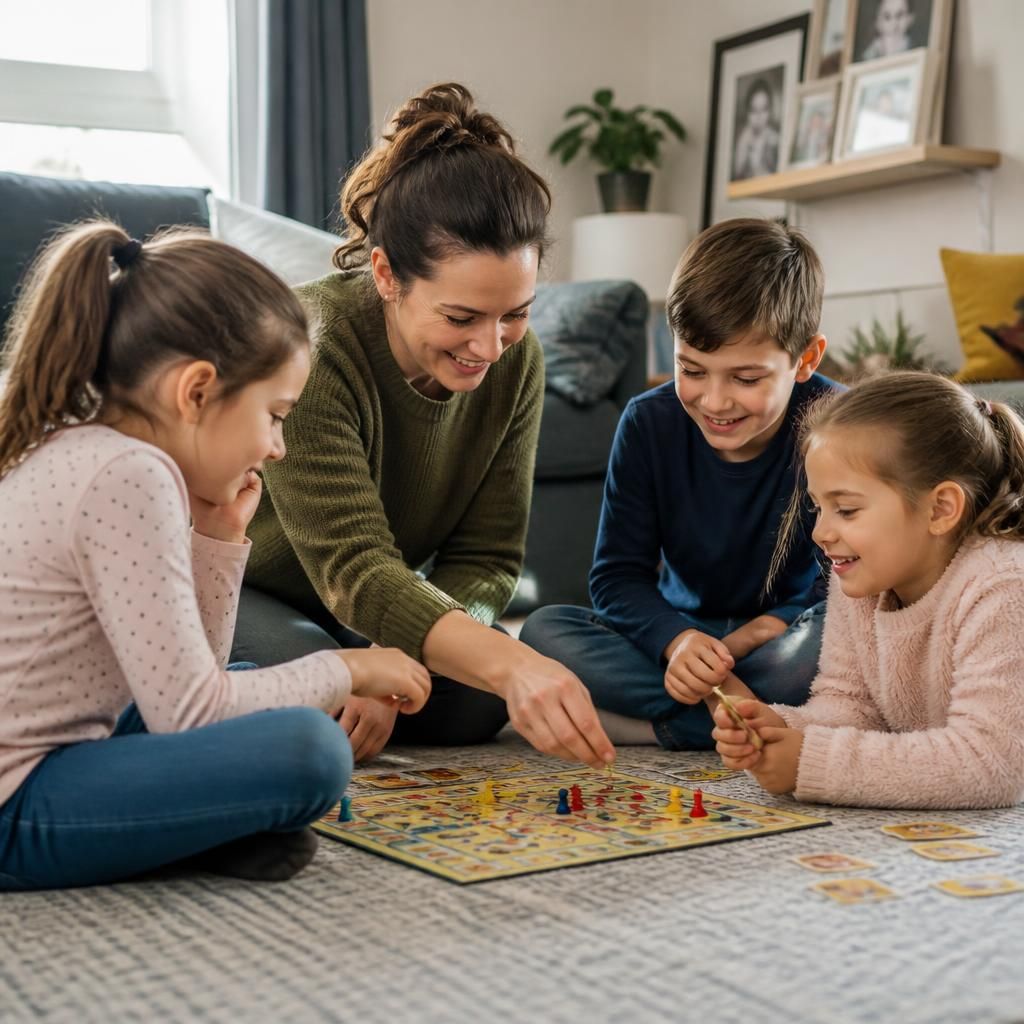 Children and an adult sharing a family activity at home