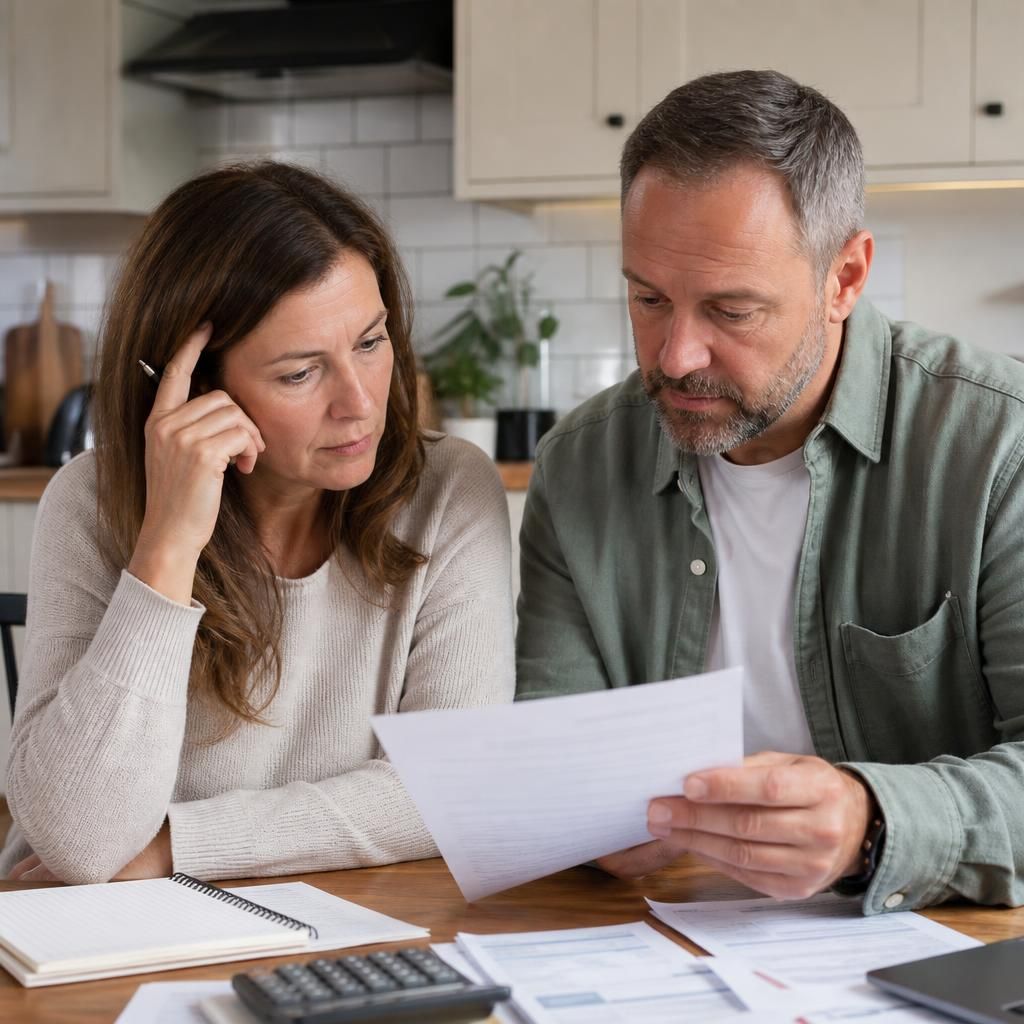 Foster carer reviewing household finances and benefit documents at a kitchen table