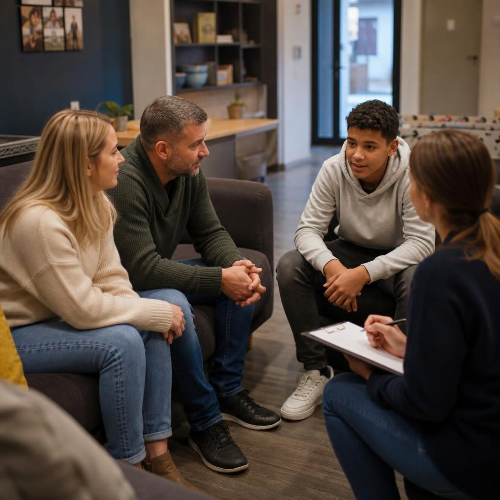 Prospective foster carers meeting a young person and social worker in a group home