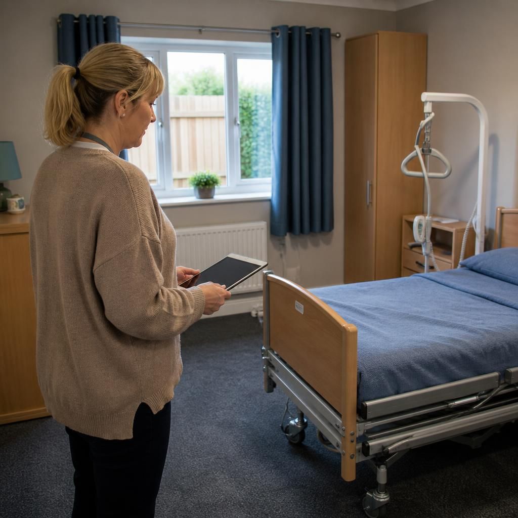 Foster carer reviewing an accessible bedroom with safety equipment