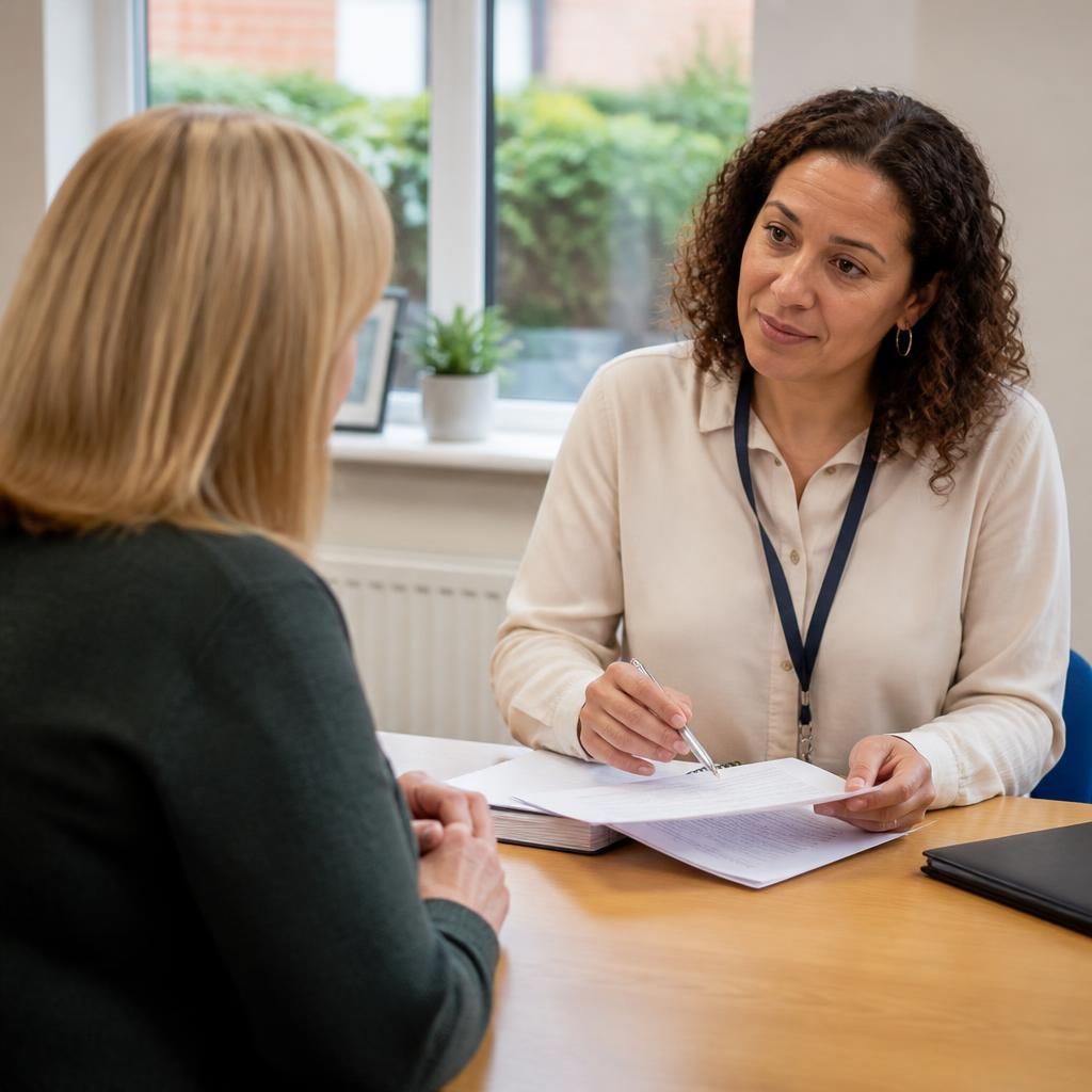 Prospective supervising social worker and foster carer discussing documents at a meeting table