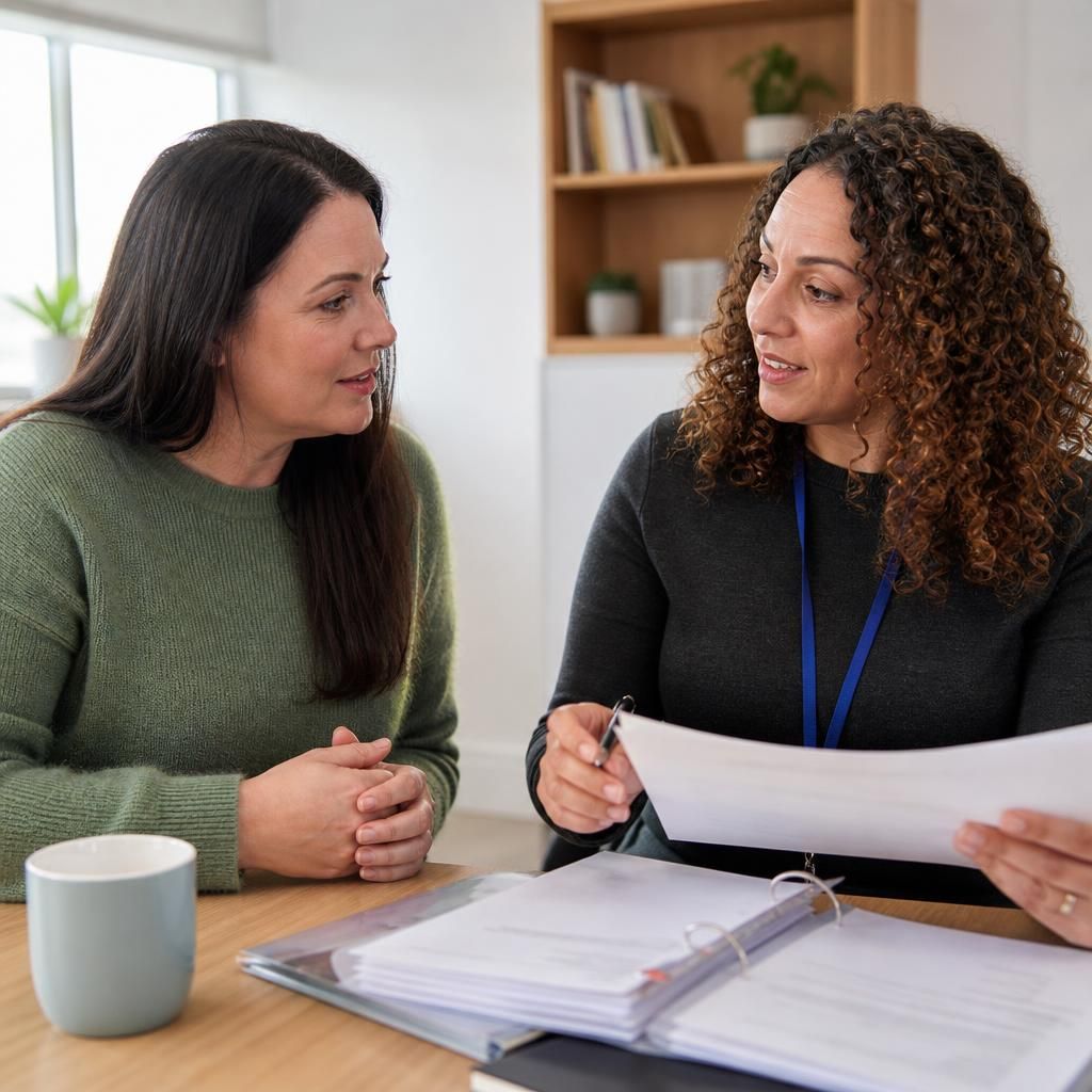 Foster carer applicant discussing training materials with a social worker
