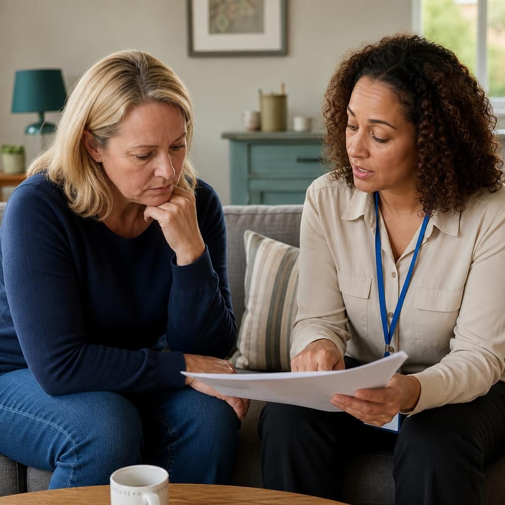Foster carer reviewing paperwork with a supervising social worker