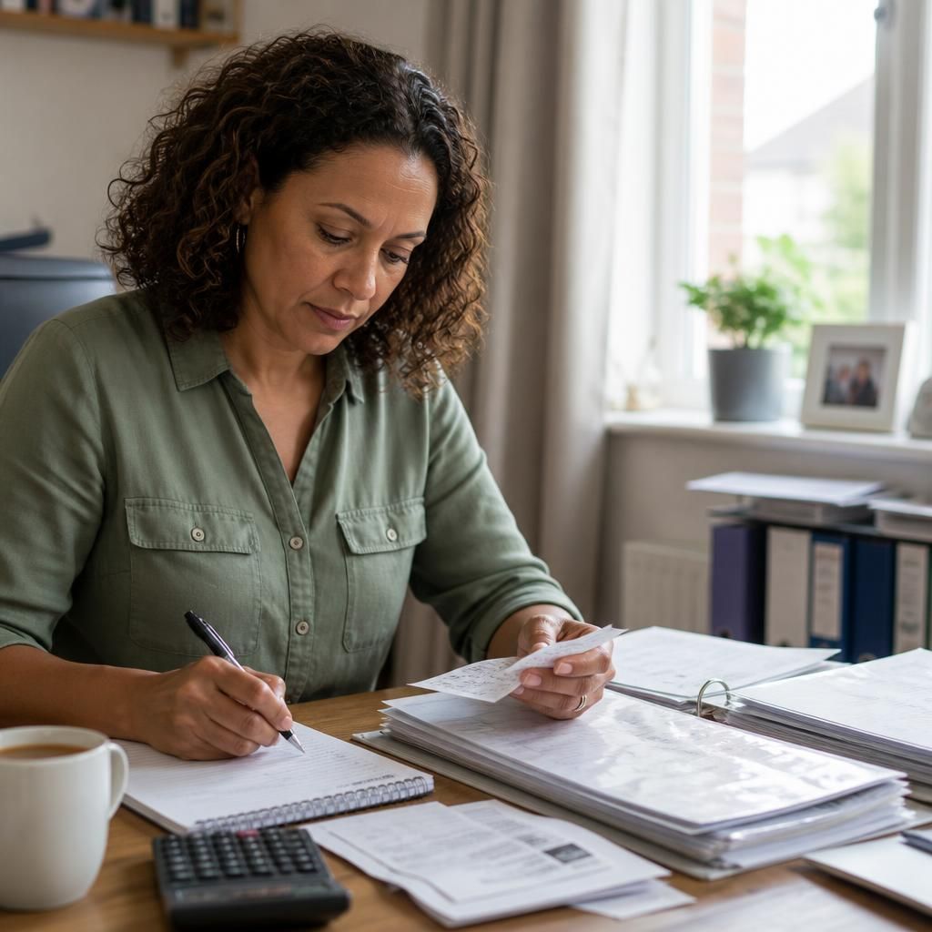 Foster carer reviewing organised payment records, receipts and placement documents at a desk