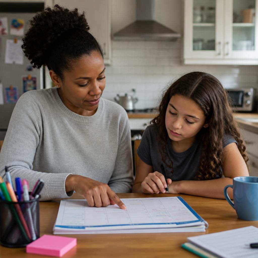 Foster carer and child reviewing a weekly calendar at a kitchen table