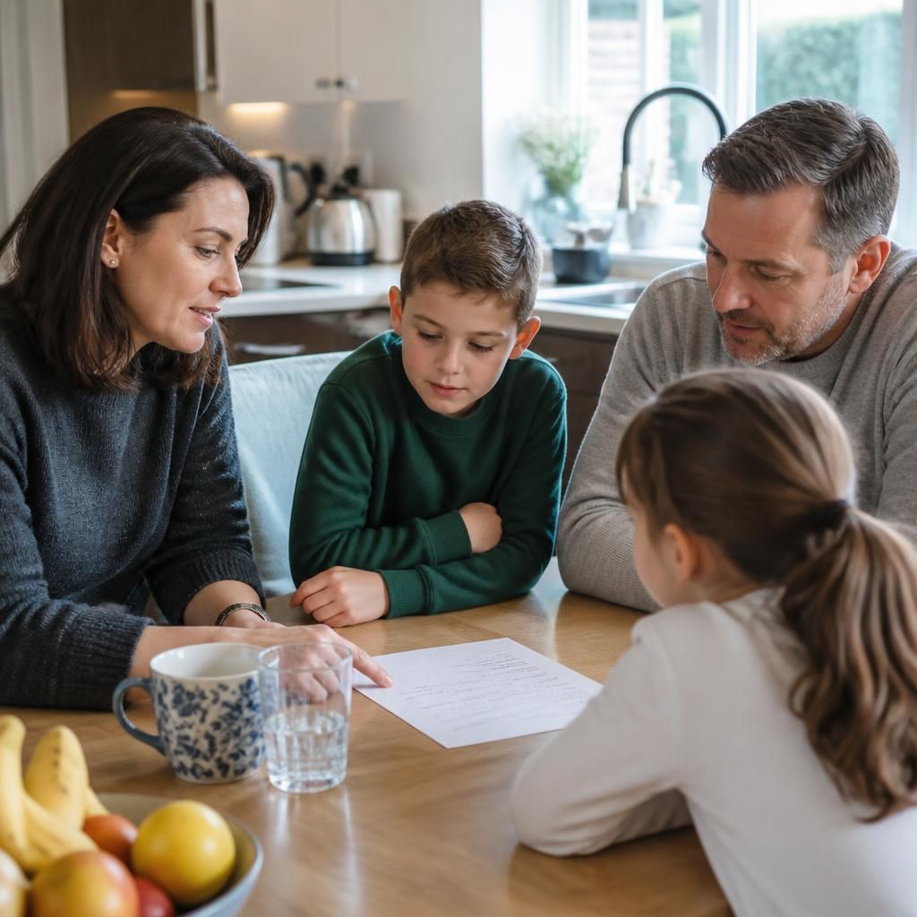 Family discussing household rules around a table
