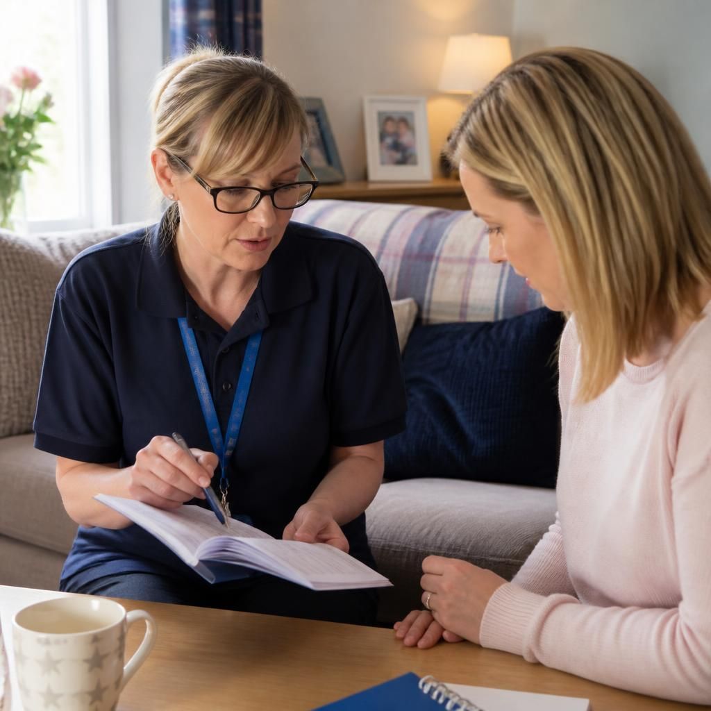 Social worker discussing respite fostering paperwork with a prospective carer