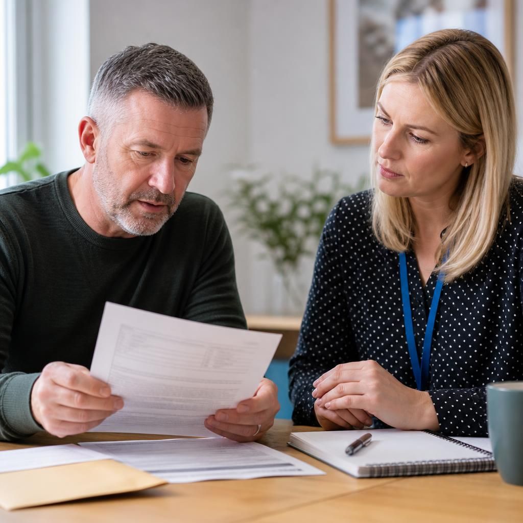 Foster carer reviewing court documents with an assessing social worker
