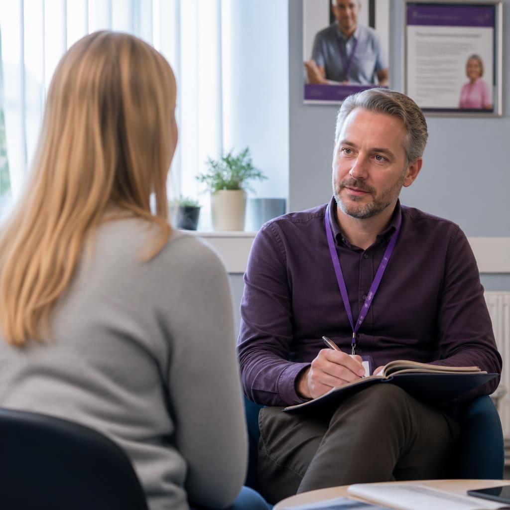 Foster carer speaking privately with a supervising social worker in an office